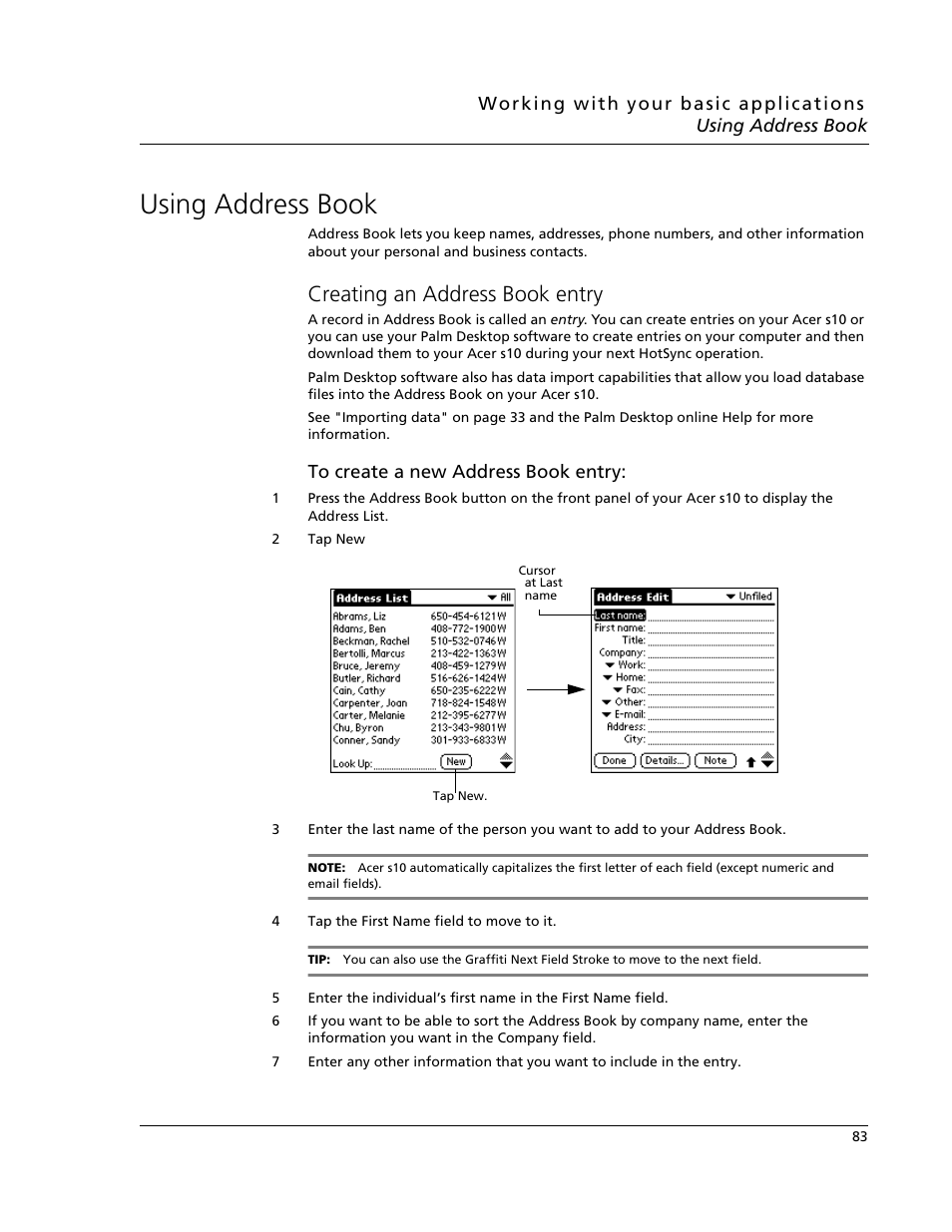 Using address book, Creating an address book entry | Acer s10 User Manual | Page 101 / 338