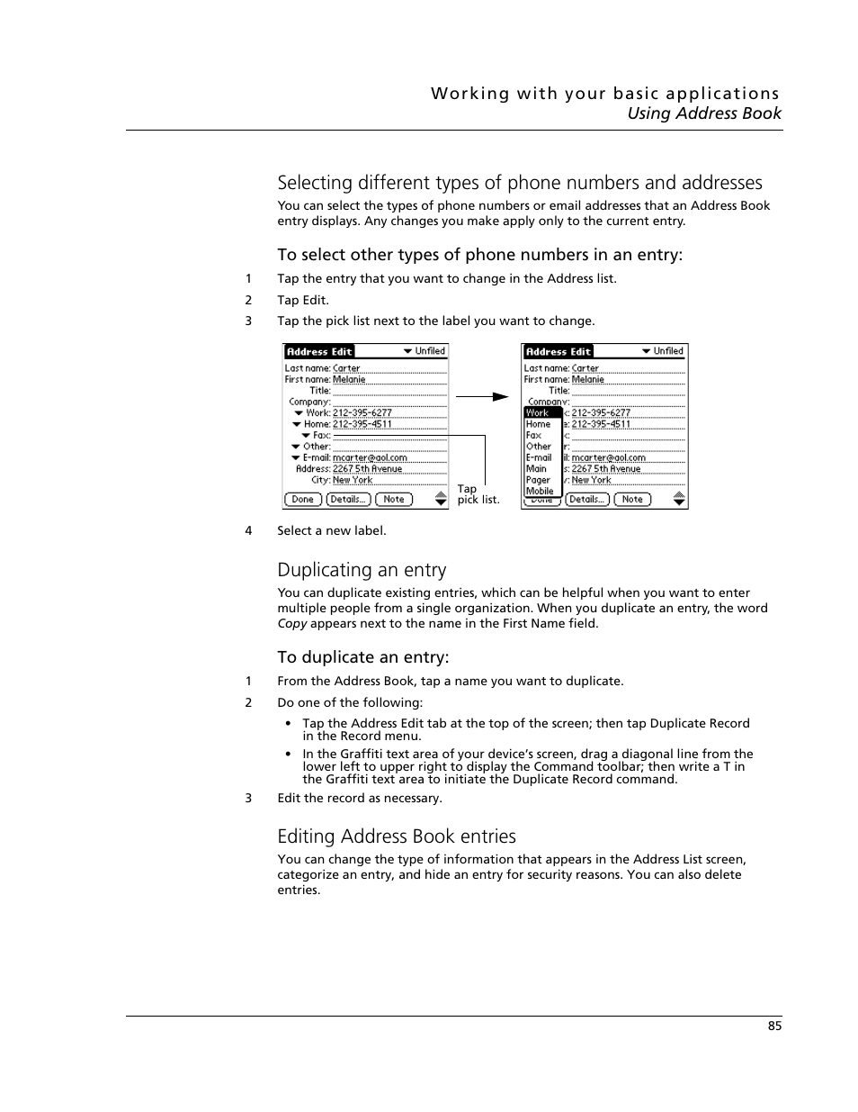 Duplicating an entry, Editing address book entries | Acer s10 User Manual | Page 103 / 338