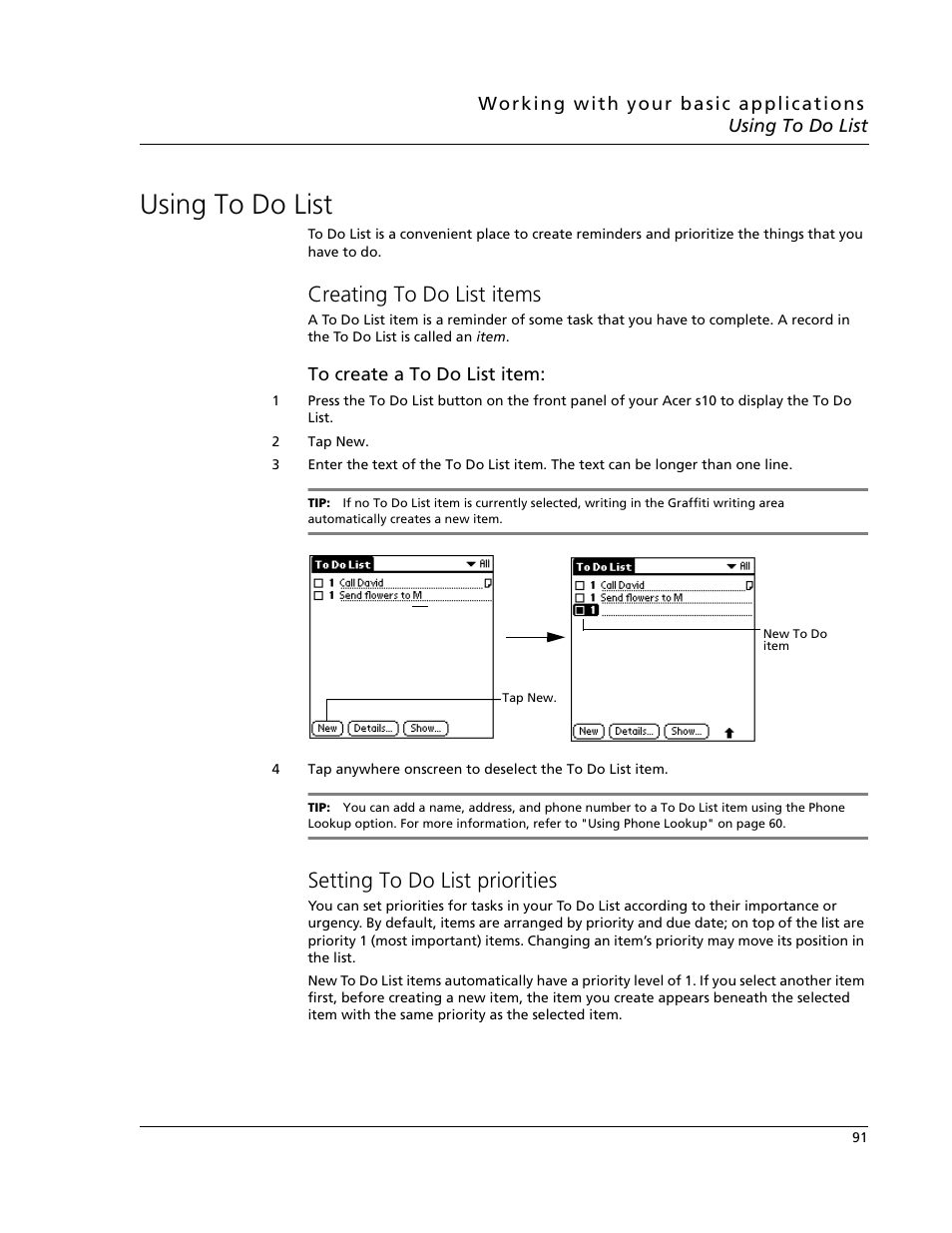 Using to do list, Creating to do list items, Setting to do list priorities | Acer s10 User Manual | Page 109 / 338