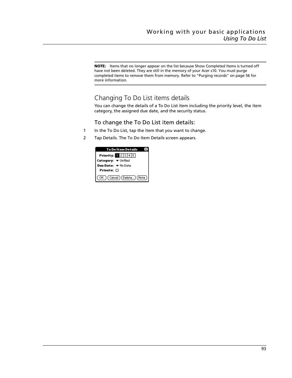 Changing to do list items details | Acer s10 User Manual | Page 111 / 338