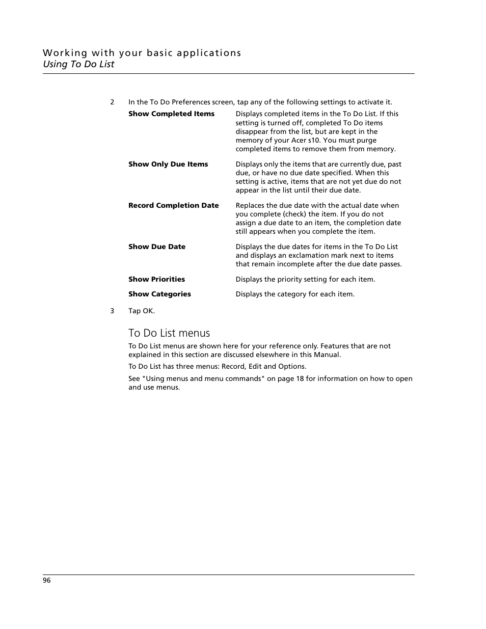 To do list menus | Acer s10 User Manual | Page 114 / 338