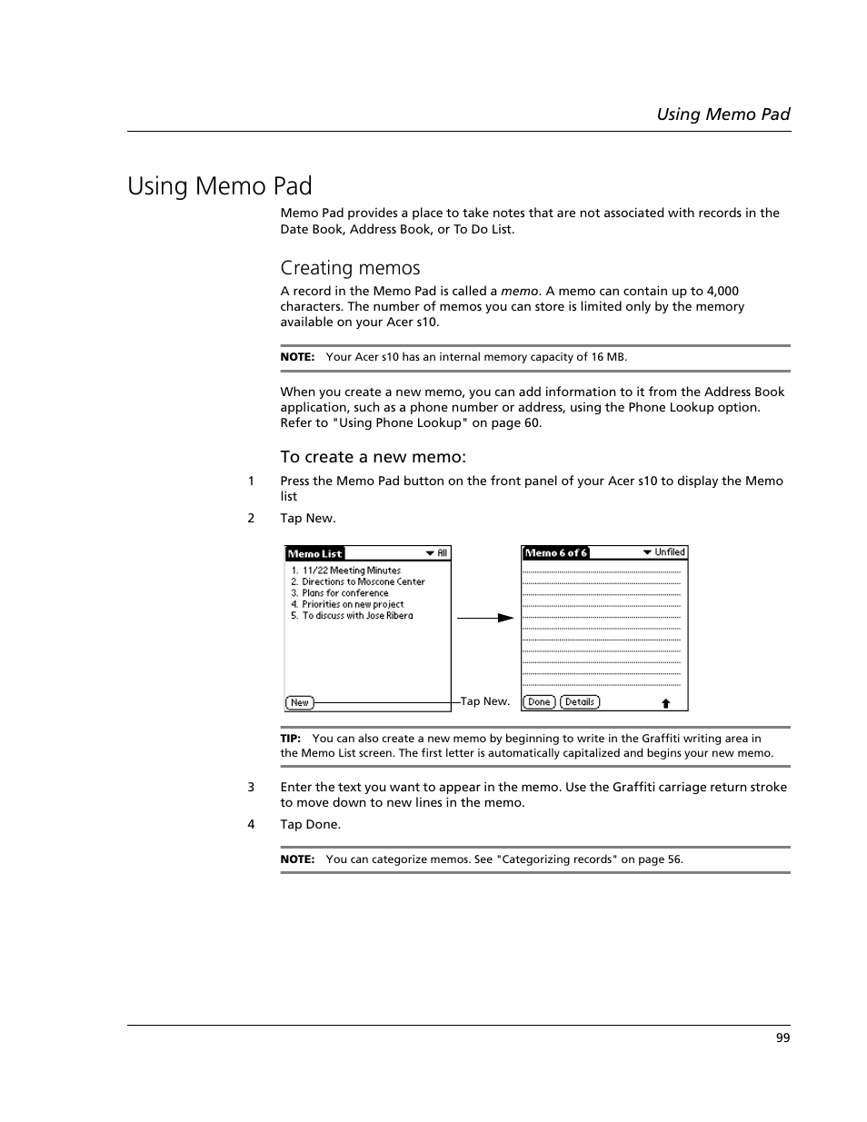 Using memo pad, Creating memos | Acer s10 User Manual | Page 117 / 338