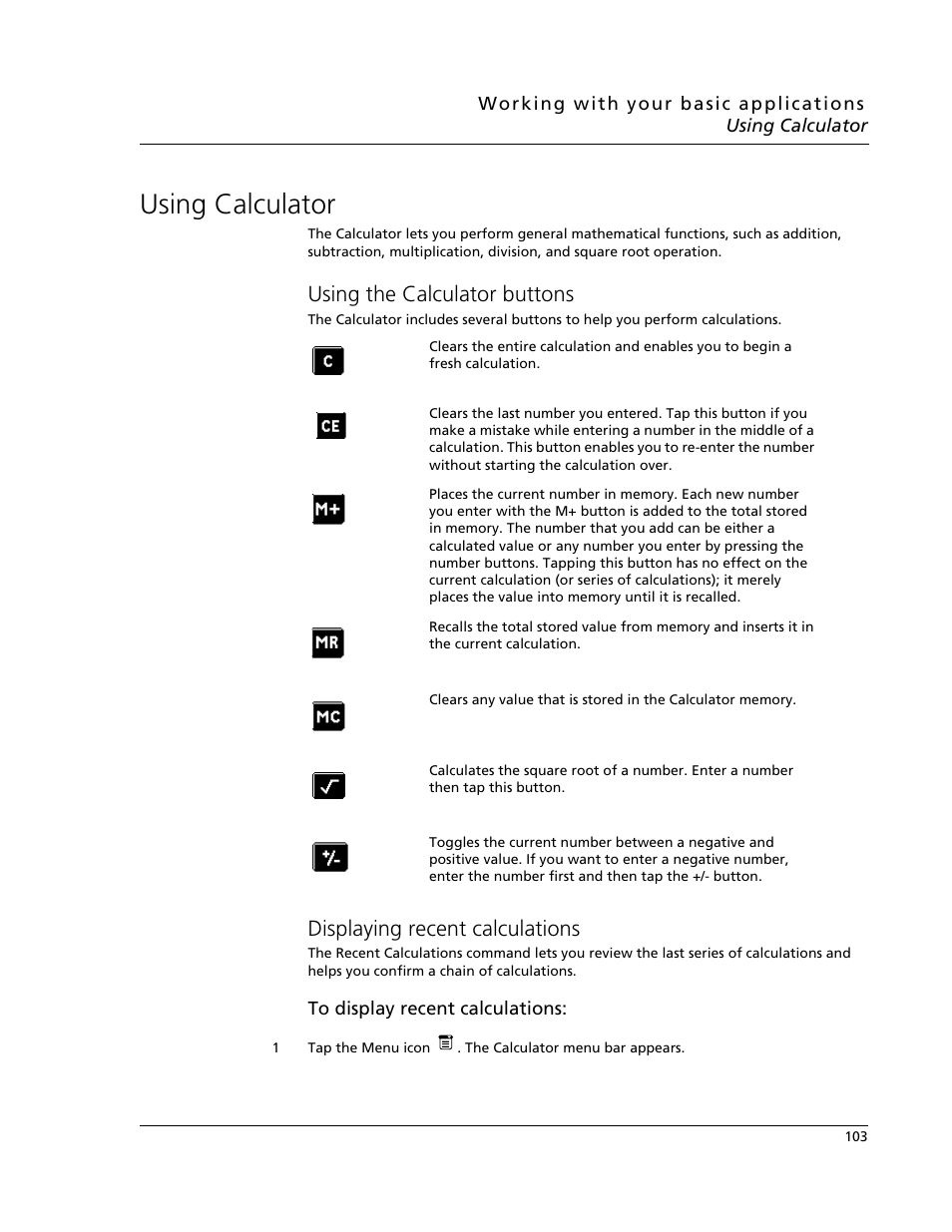 Using calculator, Using the calculator buttons, Displaying recent calculations | Acer s10 User Manual | Page 121 / 338