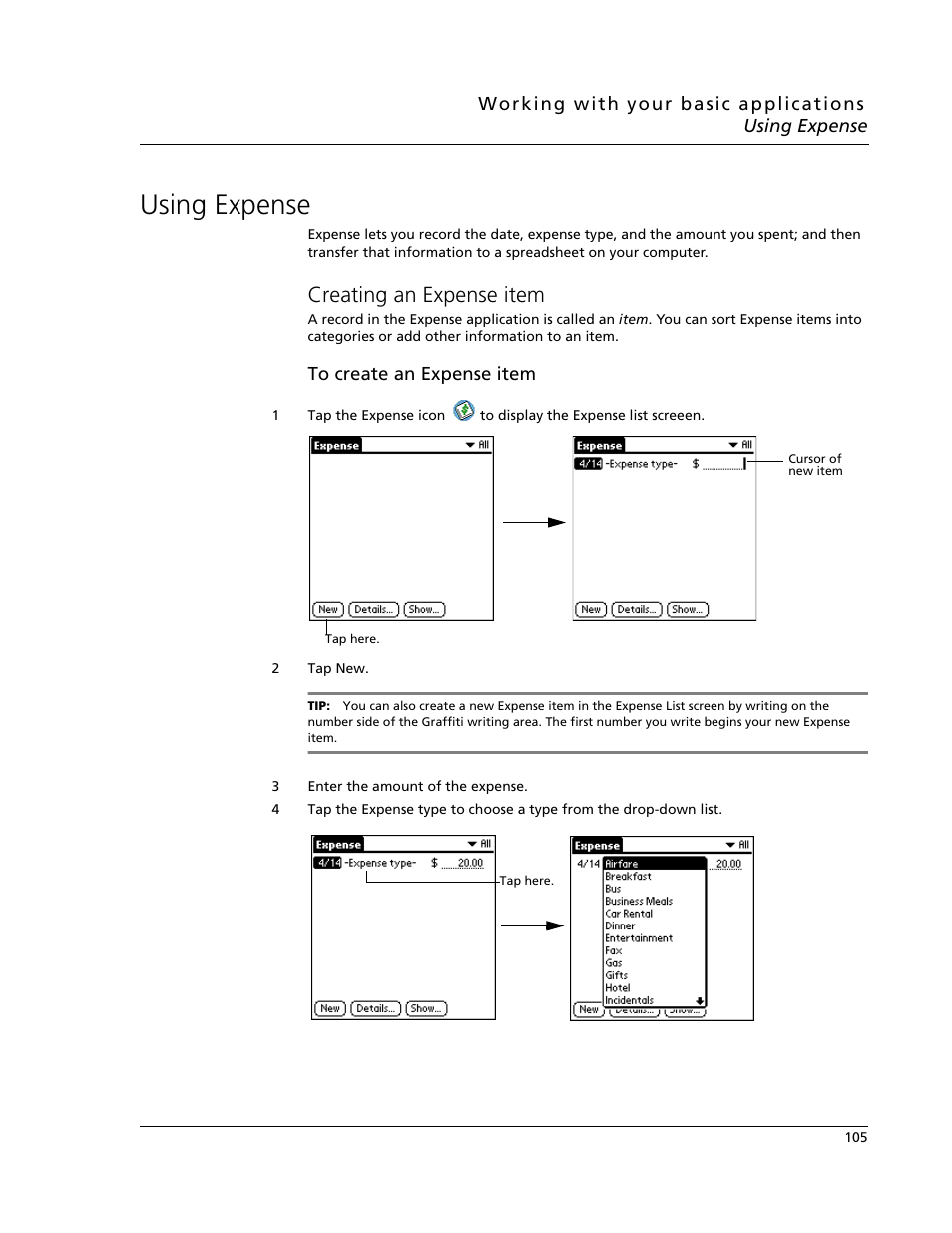 Using expense, Creating an expense item | Acer s10 User Manual | Page 123 / 338