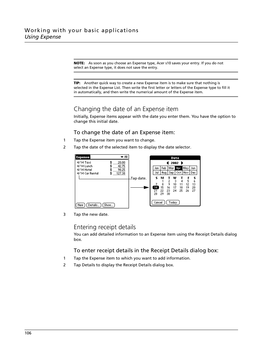 Changing the date of an expense item, Entering receipt details | Acer s10 User Manual | Page 124 / 338