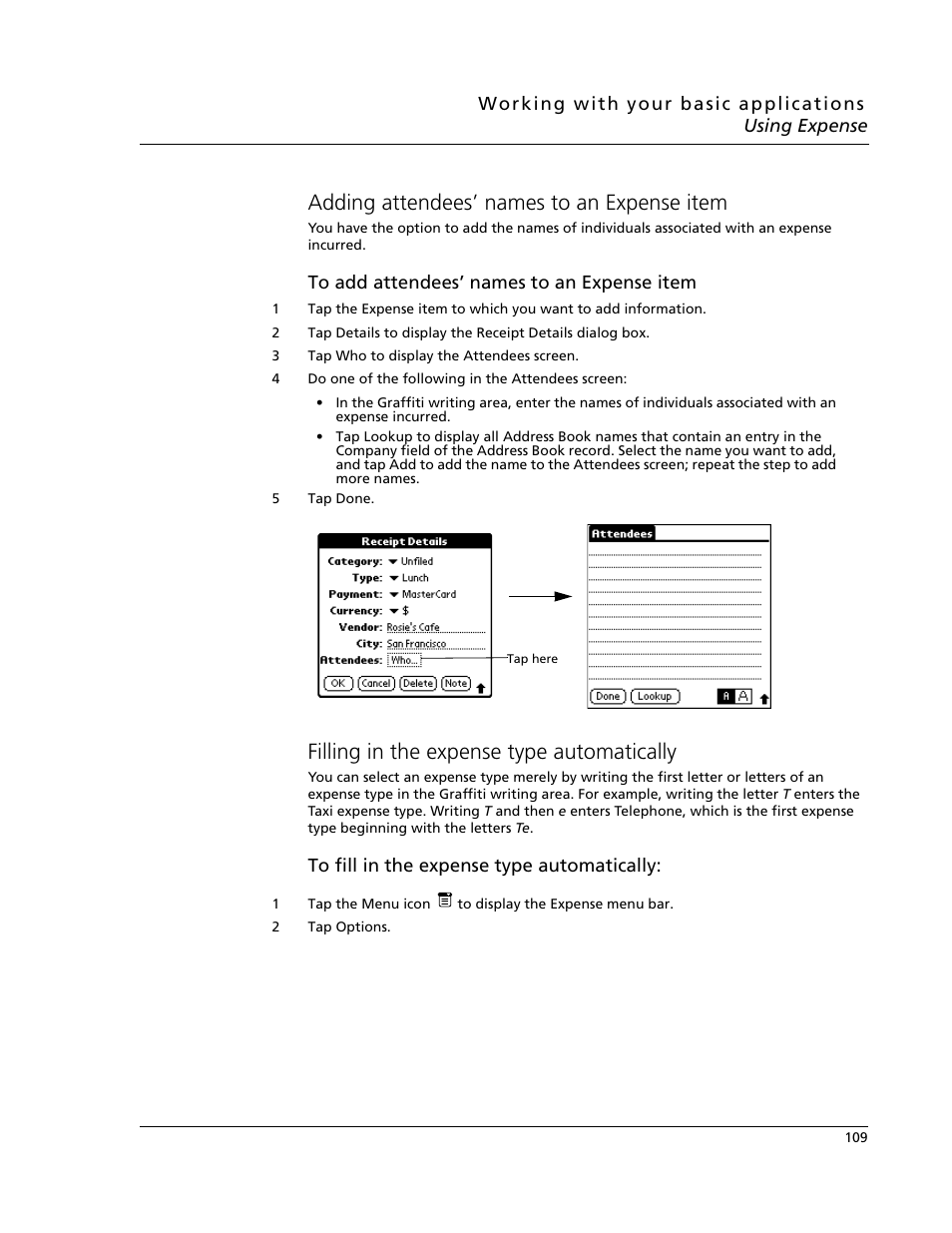 Adding attendees’ names to an expense item, Filling in the expense type automatically | Acer s10 User Manual | Page 127 / 338