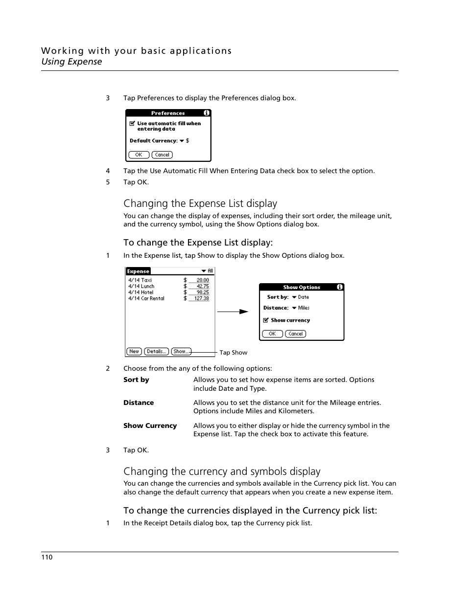 Changing the expense list display, Changing the currency and symbols display | Acer s10 User Manual | Page 128 / 338