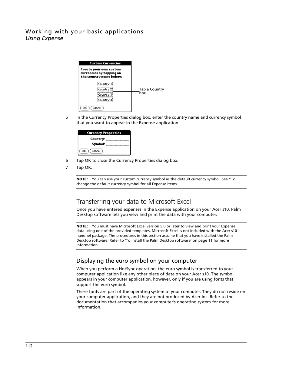 Transferring your data to microsoft excel, Displaying the euro symbol on your computer | Acer s10 User Manual | Page 130 / 338