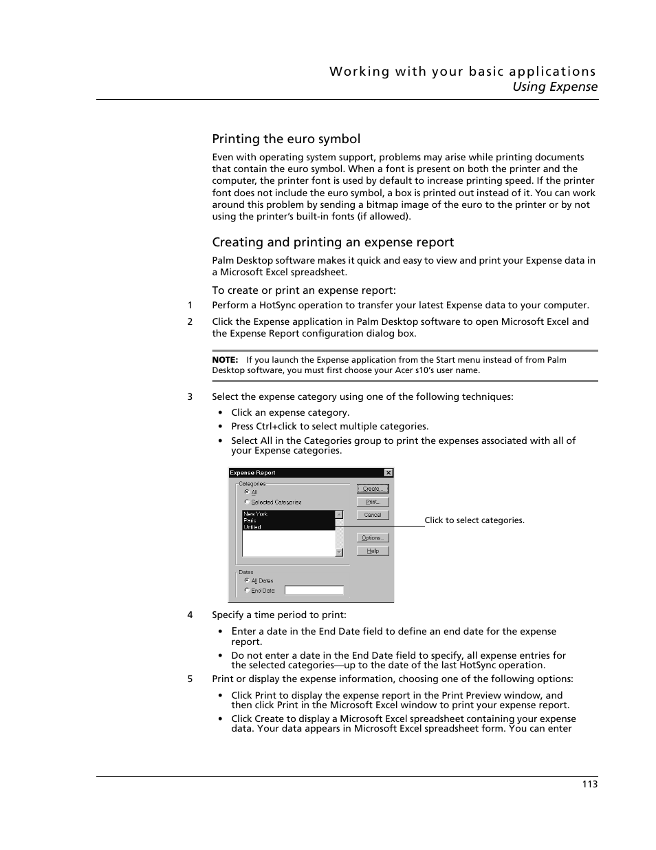 Printing the euro symbol, Creating and printing an expense report | Acer s10 User Manual | Page 131 / 338