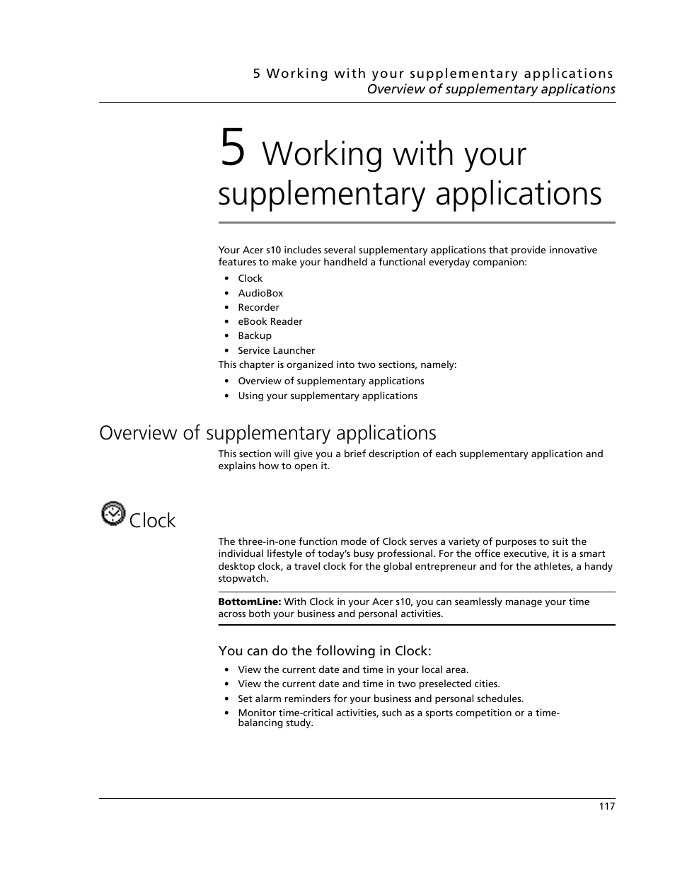 5 working with your supplementary applications, Overview of supplementary applications, Clock | Overview of supplementary applications clock, Working with your supplementary applications | Acer s10 User Manual | Page 135 / 338