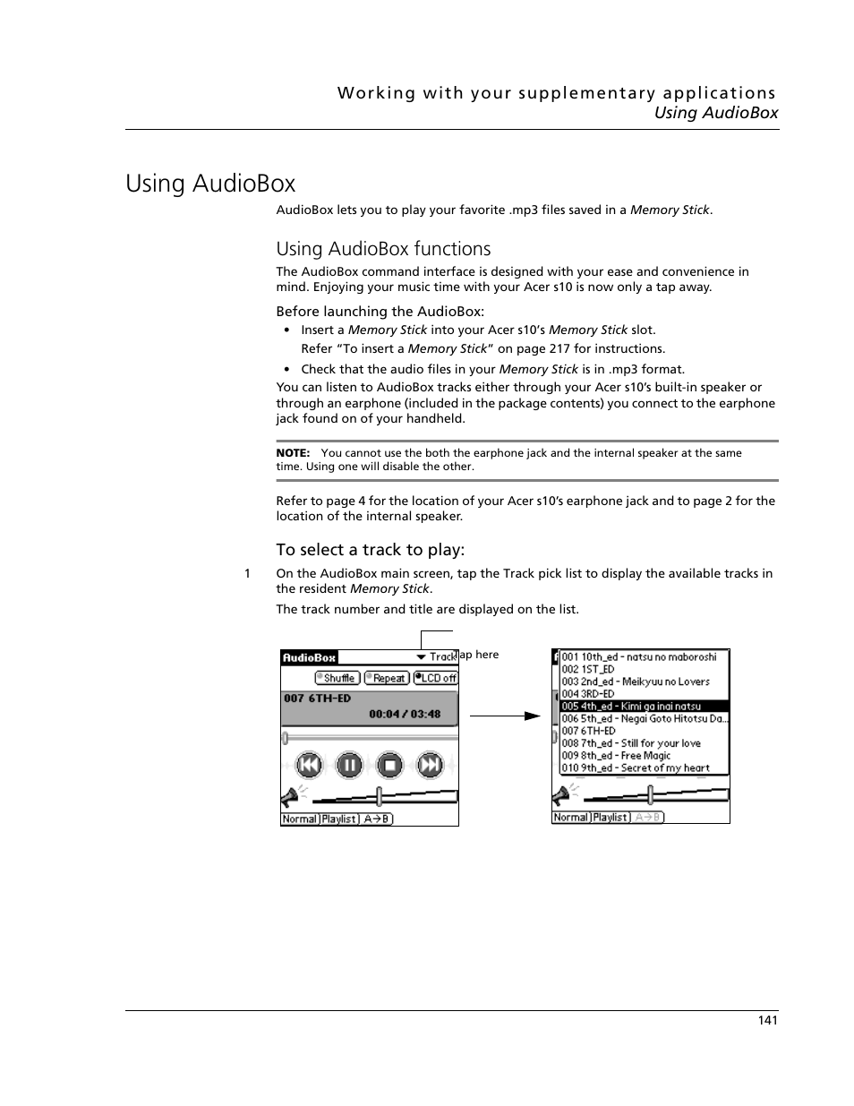 Using audiobox, Using audiobox functions | Acer s10 User Manual | Page 159 / 338