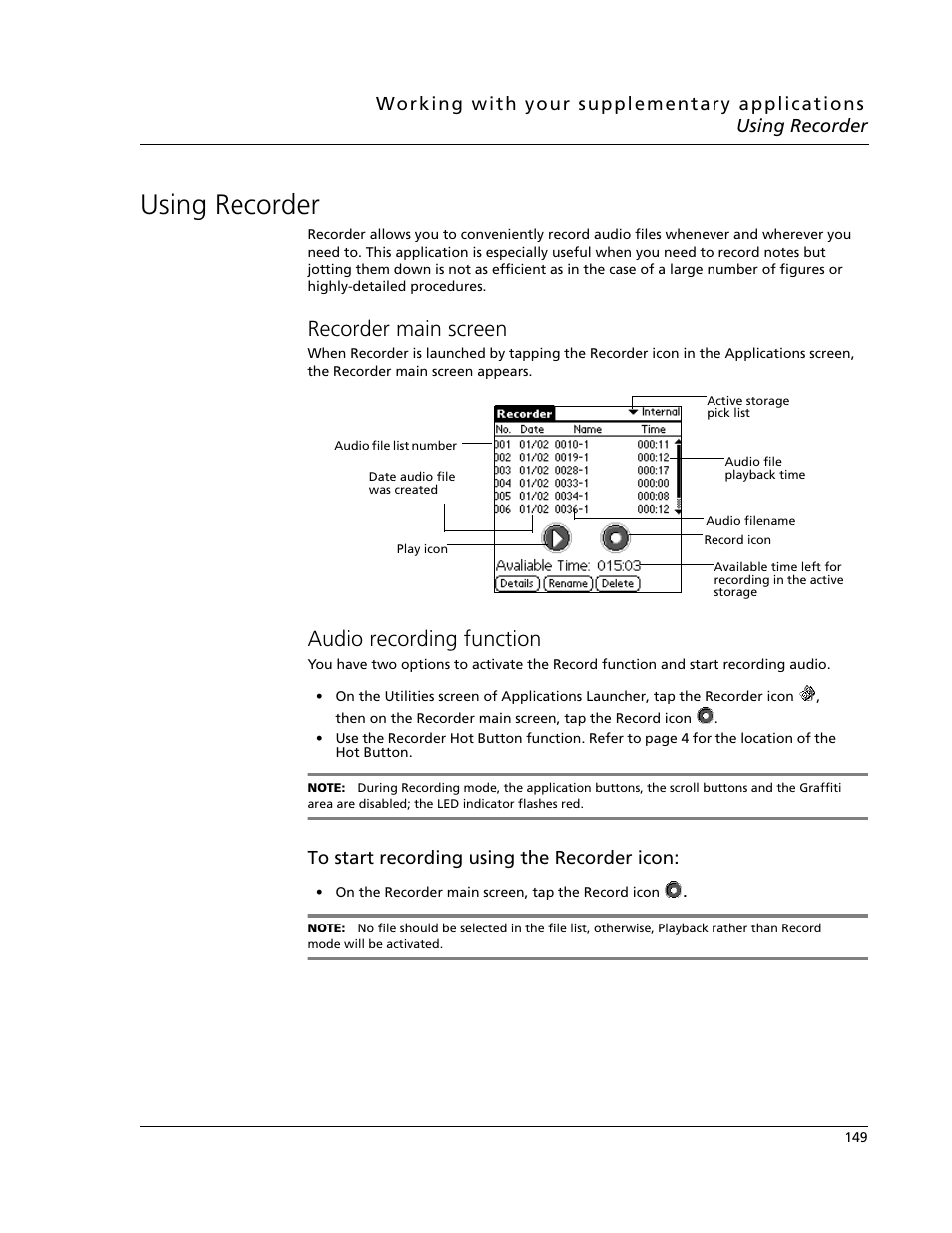 Using recorder, Recorder main screen, Audio recording function | Recorder main screen audio recording function | Acer s10 User Manual | Page 167 / 338