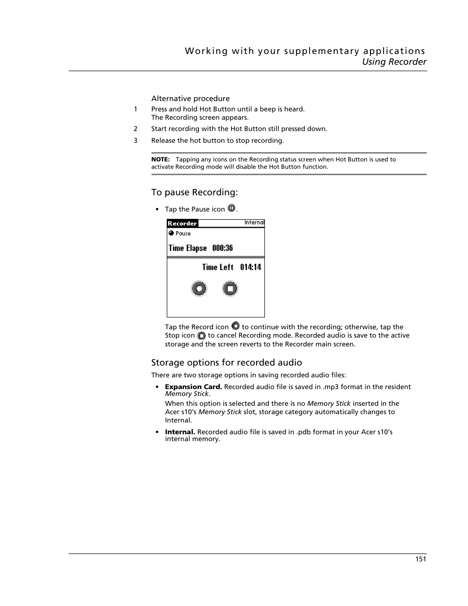 Storage options for recorded audio | Acer s10 User Manual | Page 169 / 338