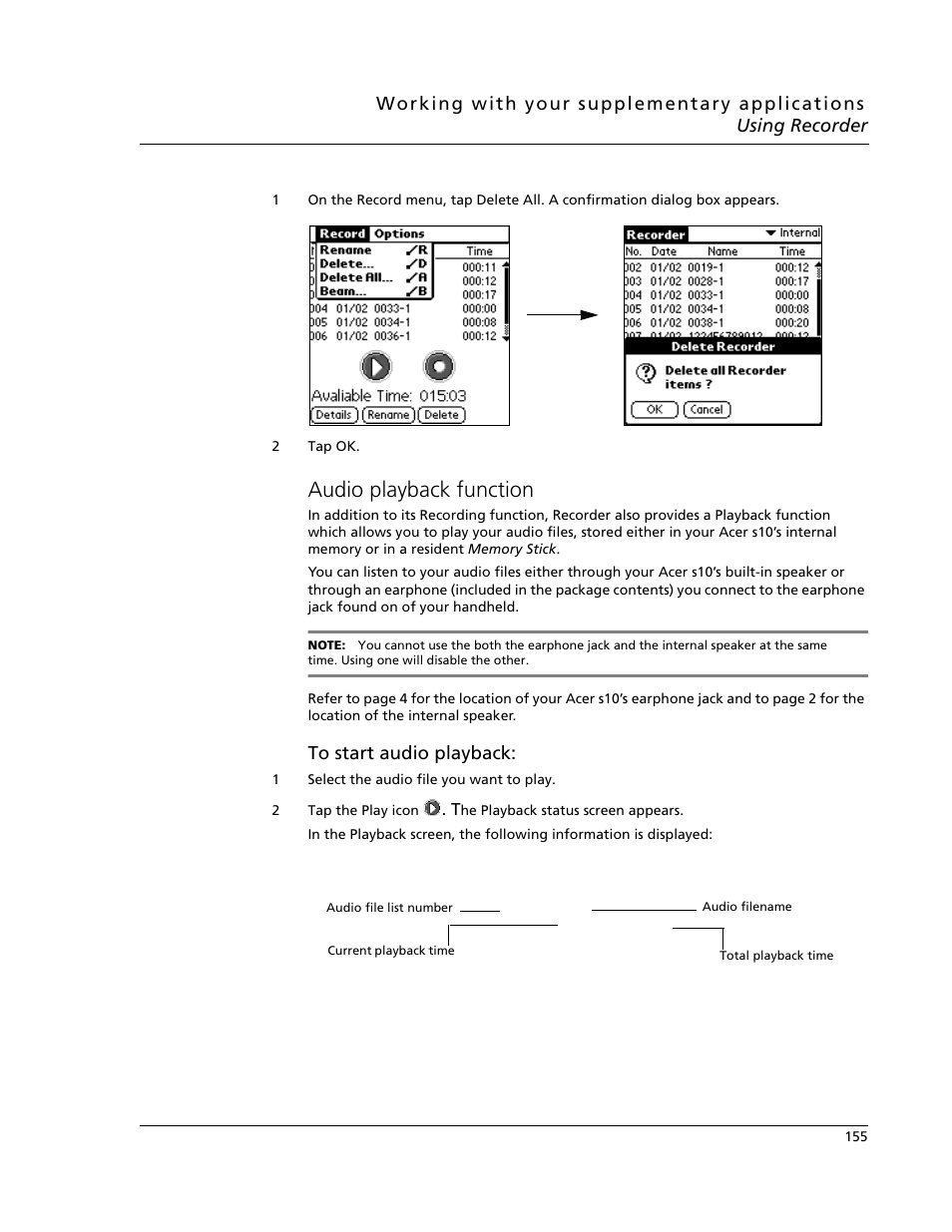 Audio playback function | Acer s10 User Manual | Page 173 / 338