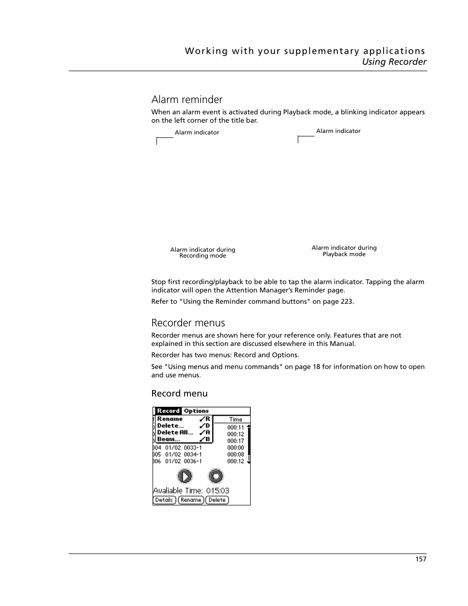 Alarm reminder, Recorder menus, Alarm reminder recorder menus | Acer s10 User Manual | Page 175 / 338