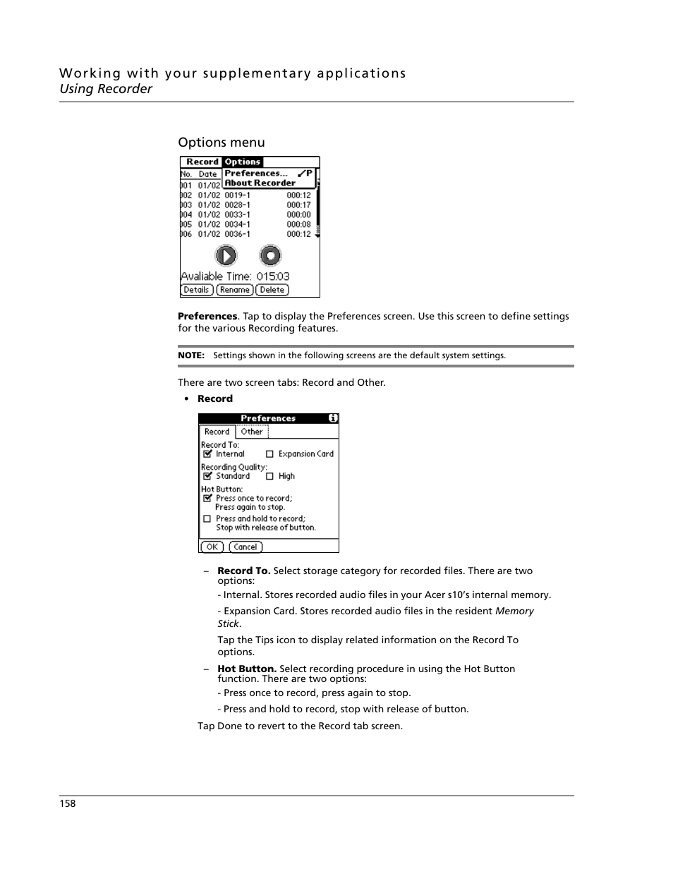 Options menu | Acer s10 User Manual | Page 176 / 338