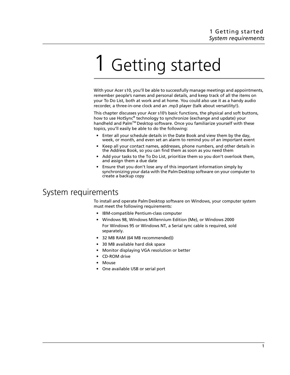 1 getting started, System requirements, Getting started | Acer s10 User Manual | Page 19 / 338