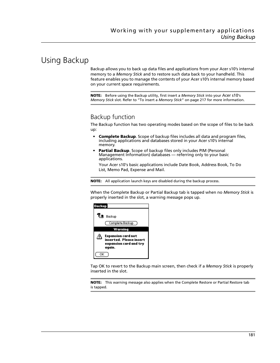 Using backup, Backup function | Acer s10 User Manual | Page 199 / 338