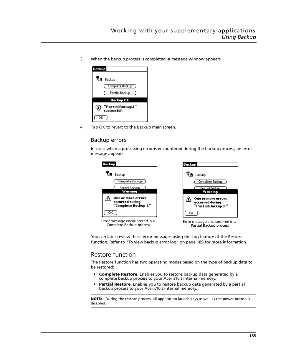 Restore function, Backup errors | Acer s10 User Manual | Page 203 / 338