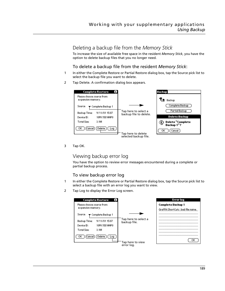 Deleting a backup file from the memory stick, Viewing backup error log | Acer s10 User Manual | Page 207 / 338