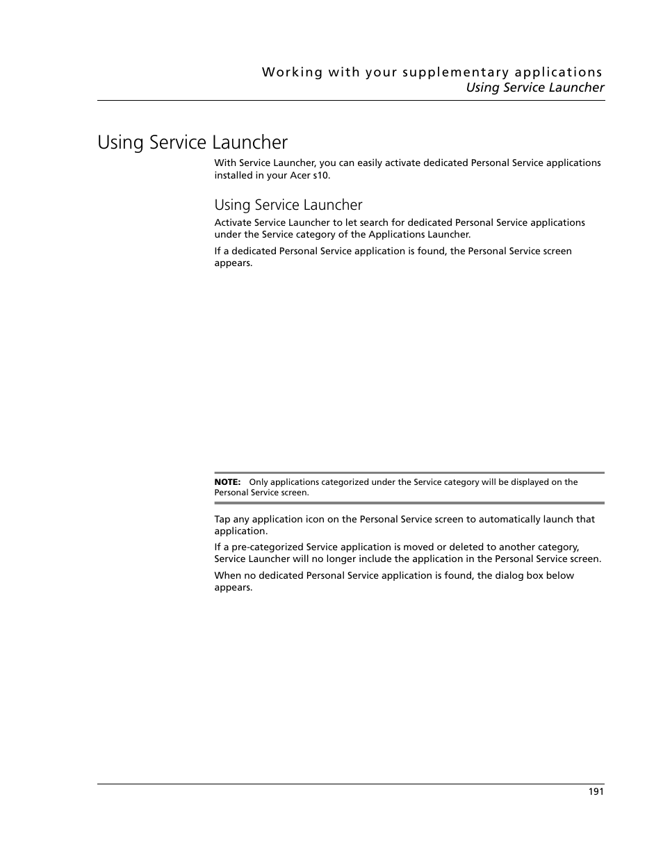 Using service launcher | Acer s10 User Manual | Page 209 / 338