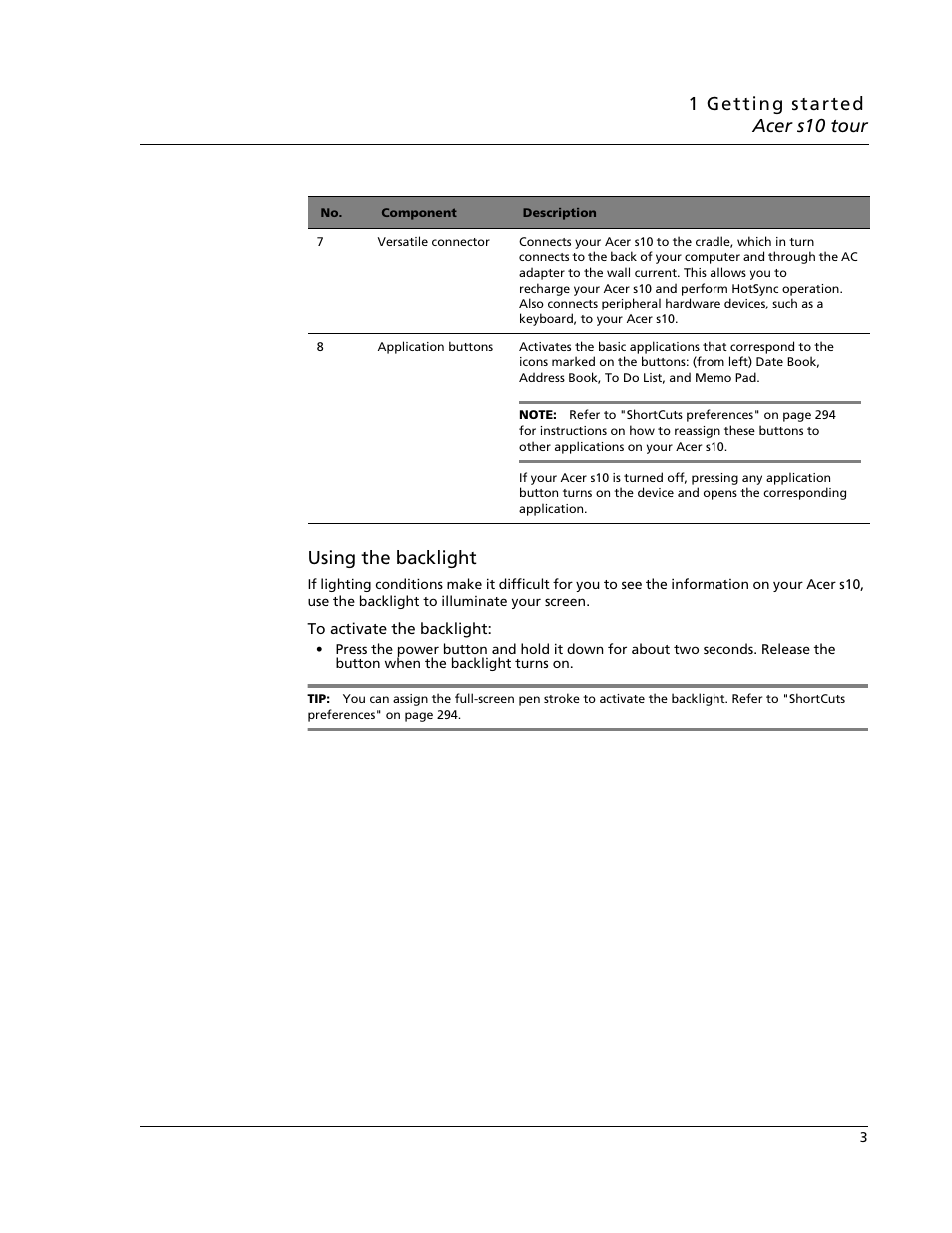 Using the backlight | Acer s10 User Manual | Page 21 / 338