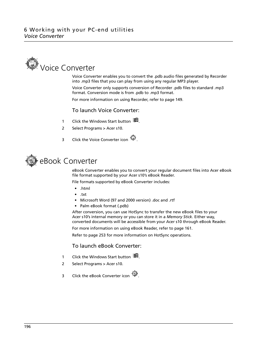 Voice converter, Ebook converter, Voice converter ebook converter | Acer s10 User Manual | Page 214 / 338