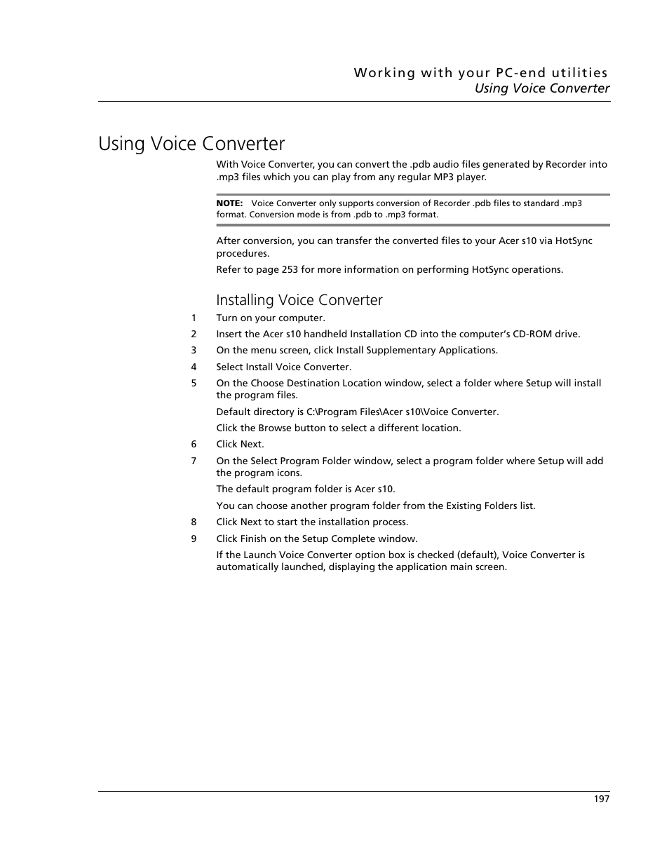 Using voice converter, Installing voice converter | Acer s10 User Manual | Page 215 / 338