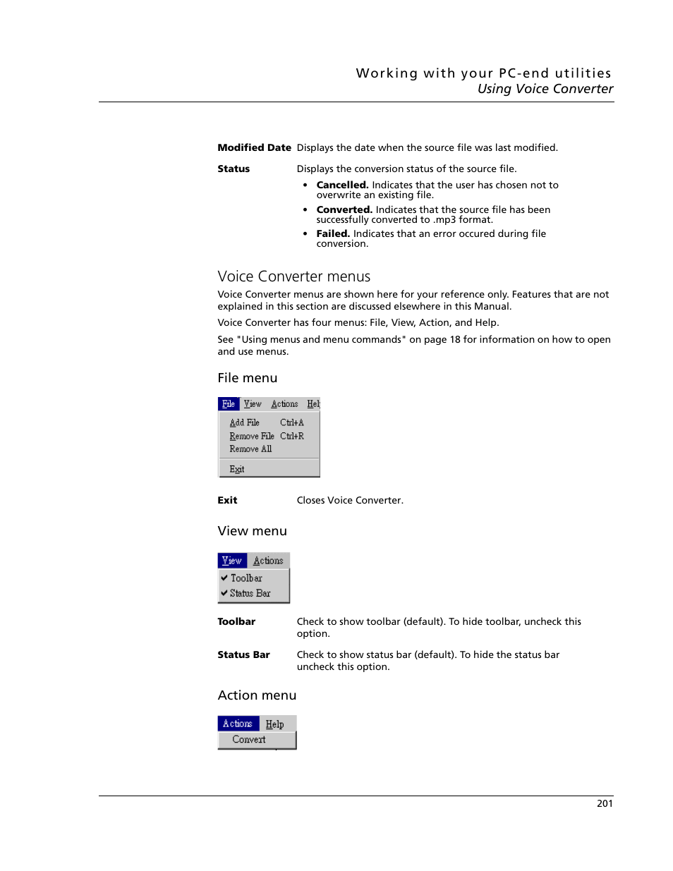 Voice converter menus, File menu view menu, Action menu | Acer s10 User Manual | Page 219 / 338