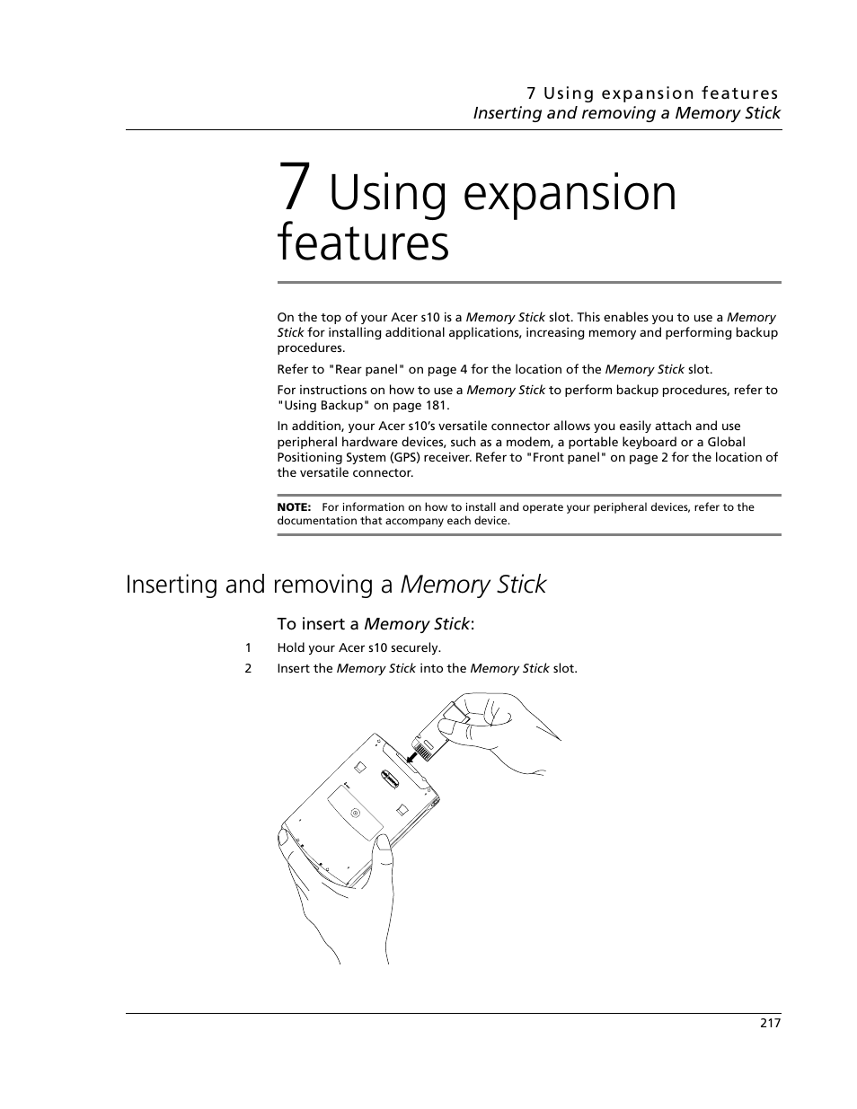 7 using expansion features, Inserting and removing a memory stick, Using expansion features | Acer s10 User Manual | Page 235 / 338