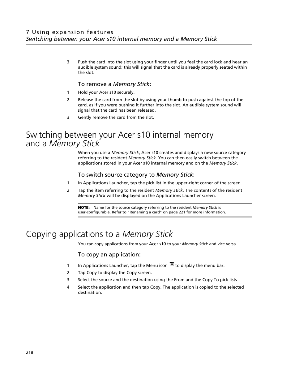 Copying applications to a memory stick, Switching between your acer s10 internal memory, And a memory stick | Acer s10 User Manual | Page 236 / 338