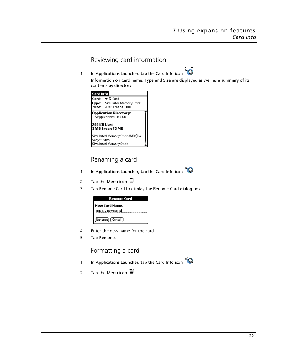 Reviewing card information, Renaming a card, Formatting a card | Acer s10 User Manual | Page 239 / 338