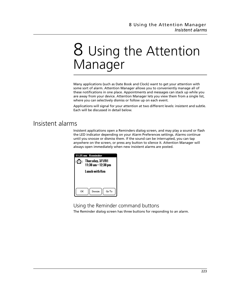 8 using the attention manager, Insistent alarms, Using the reminder command buttons | Using the attention manager | Acer s10 User Manual | Page 241 / 338