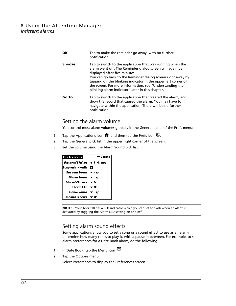 Setting the alarm volume, Setting alarm sound effects | Acer s10 User Manual | Page 242 / 338