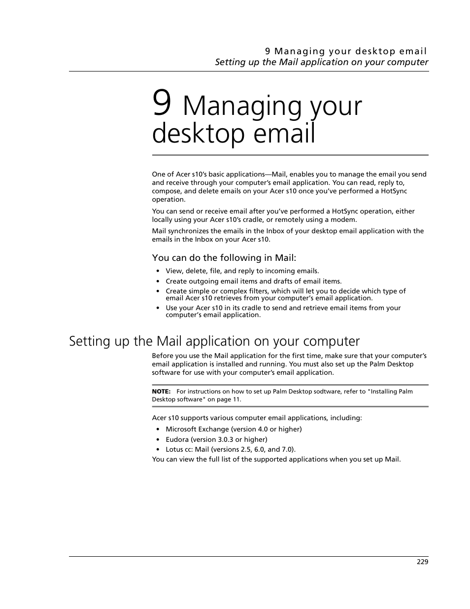 9 managing your desktop email, Setting up the mail application on your computer, Managing your desktop email | Acer s10 User Manual | Page 247 / 338