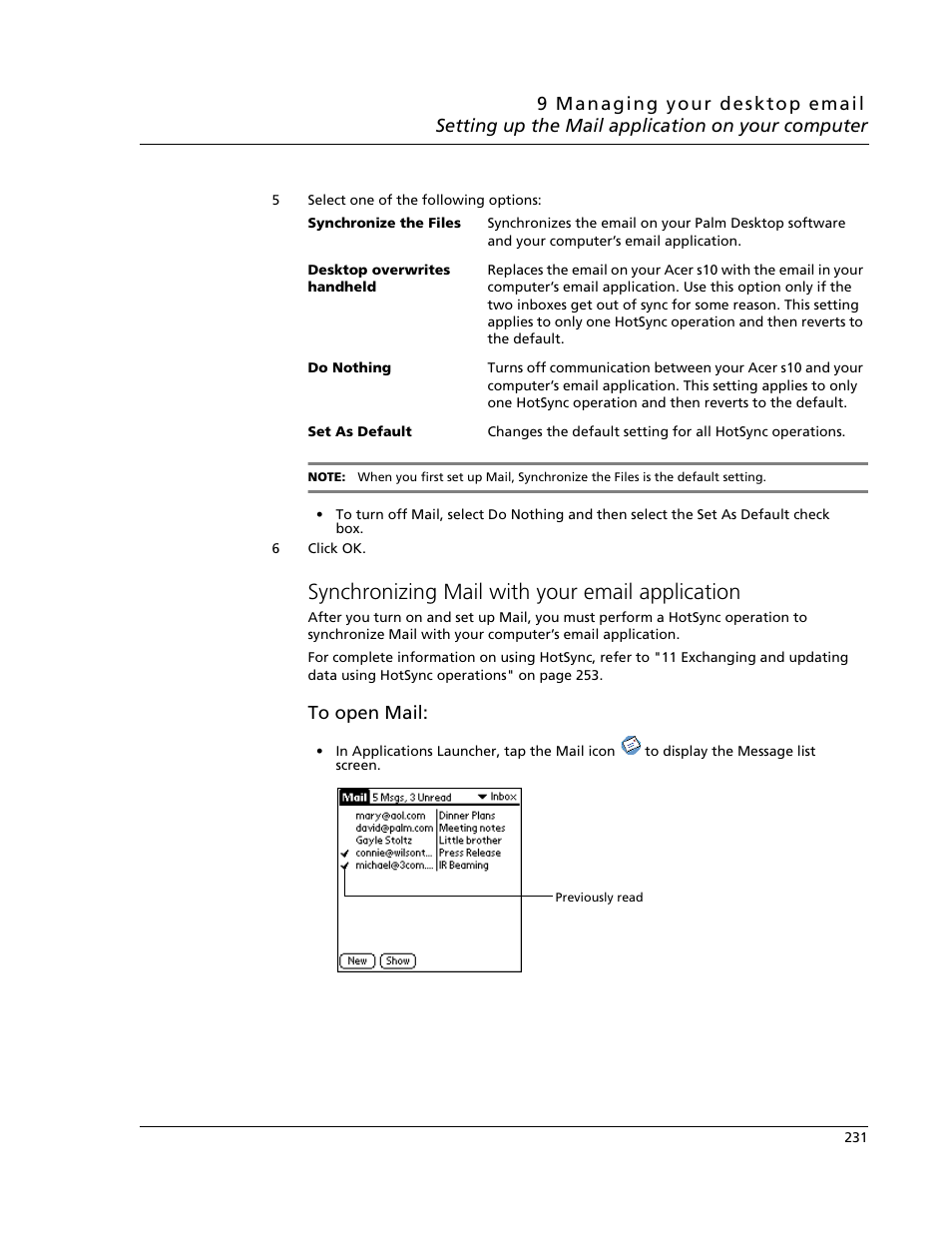 Synchronizing mail with your email application | Acer s10 User Manual | Page 249 / 338