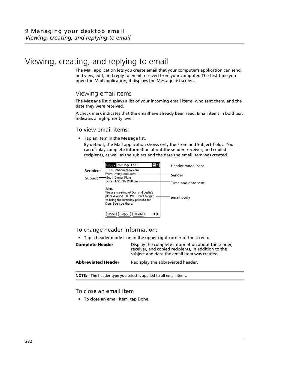 Viewing, creating, and replying to email, Viewing email items | Acer s10 User Manual | Page 250 / 338