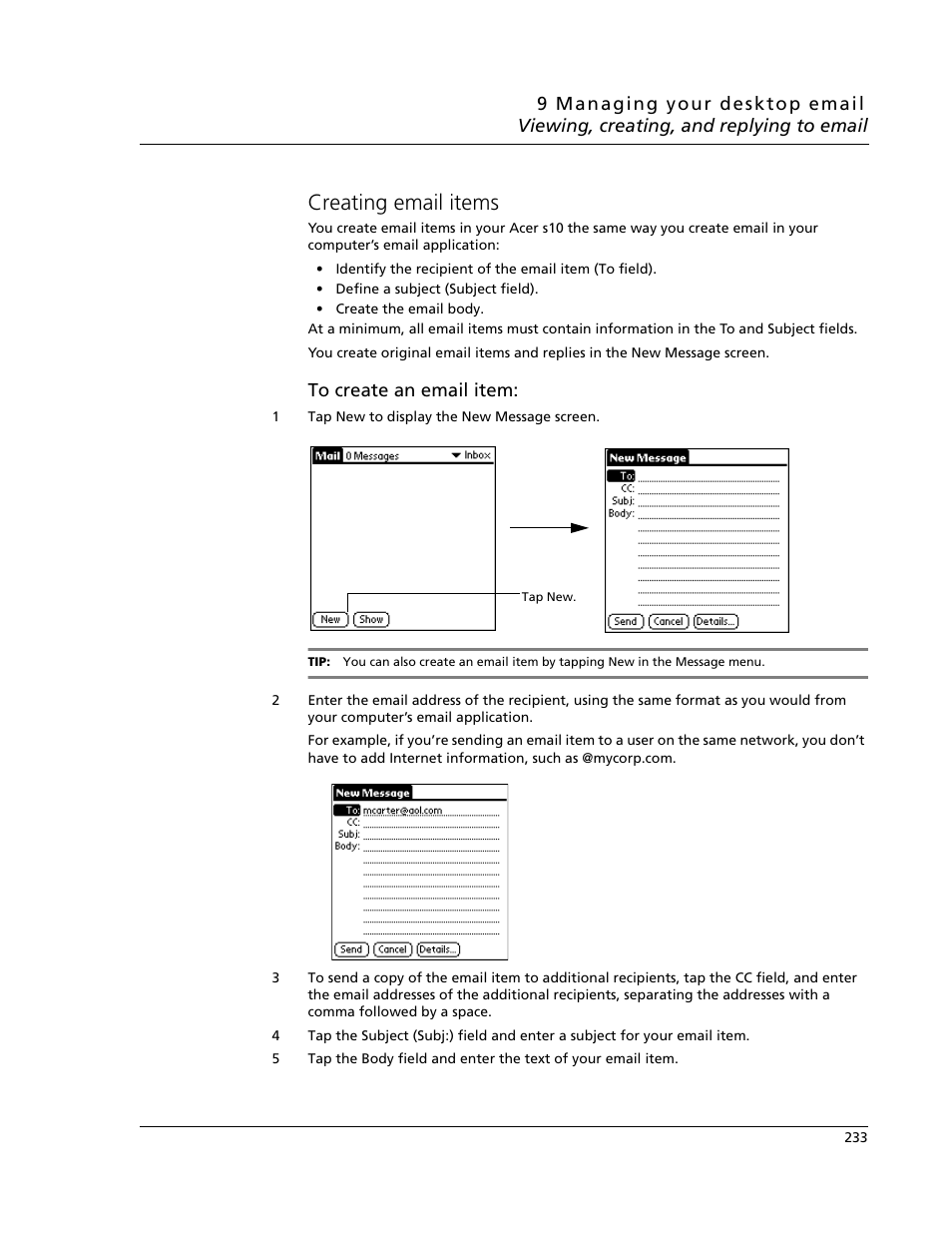 Creating email items | Acer s10 User Manual | Page 251 / 338