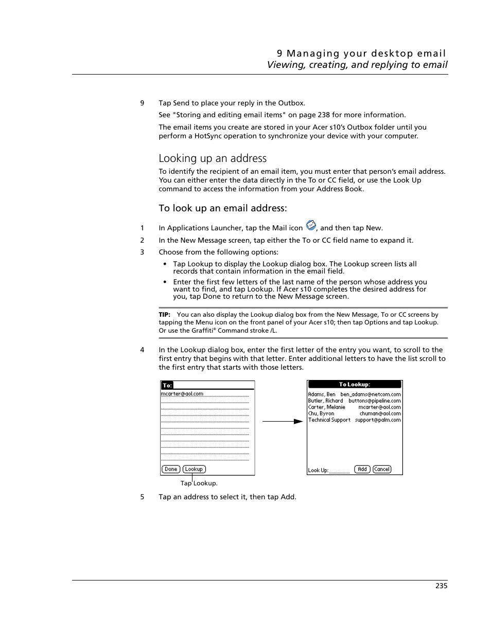 Looking up an address | Acer s10 User Manual | Page 253 / 338