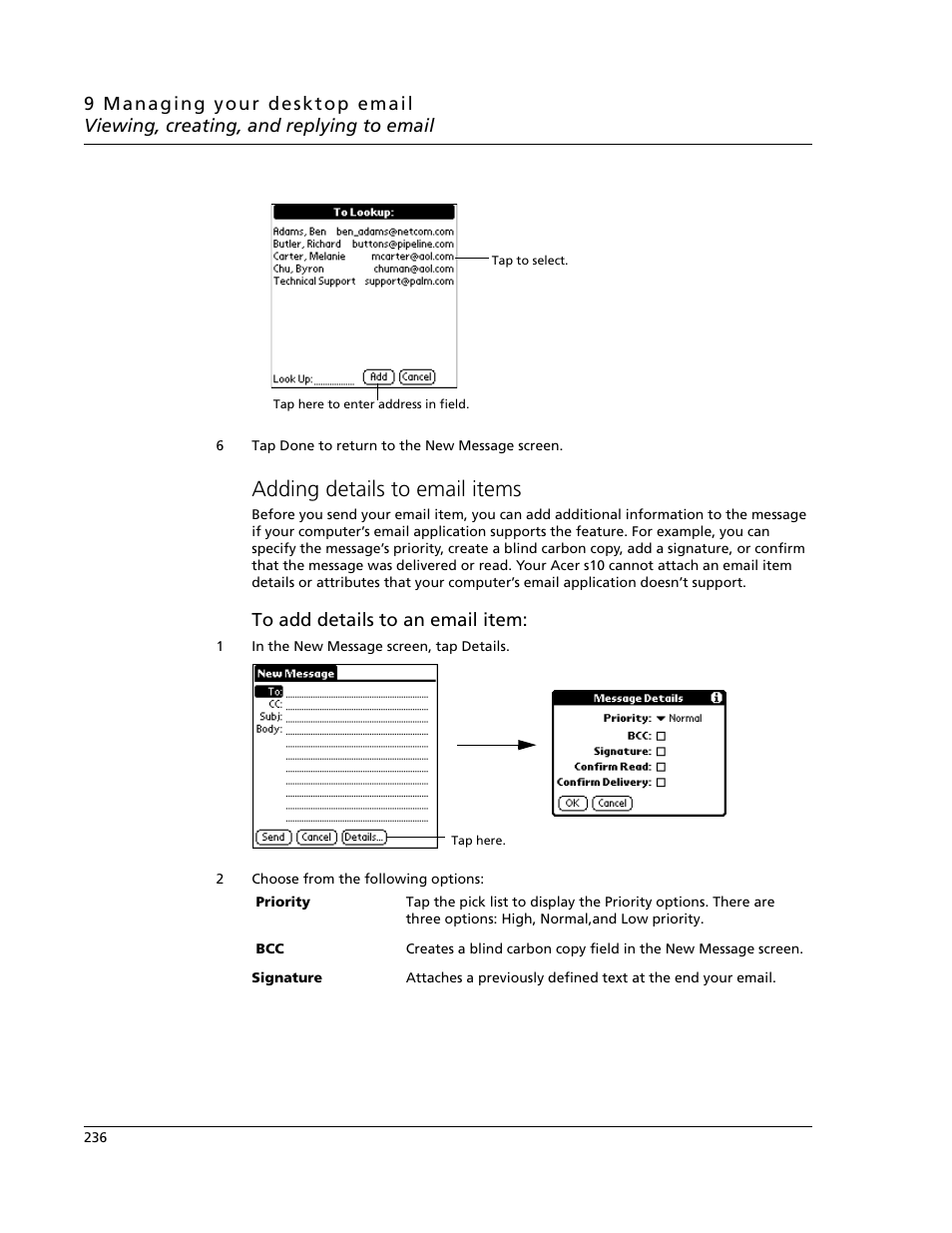 Adding details to email items | Acer s10 User Manual | Page 254 / 338