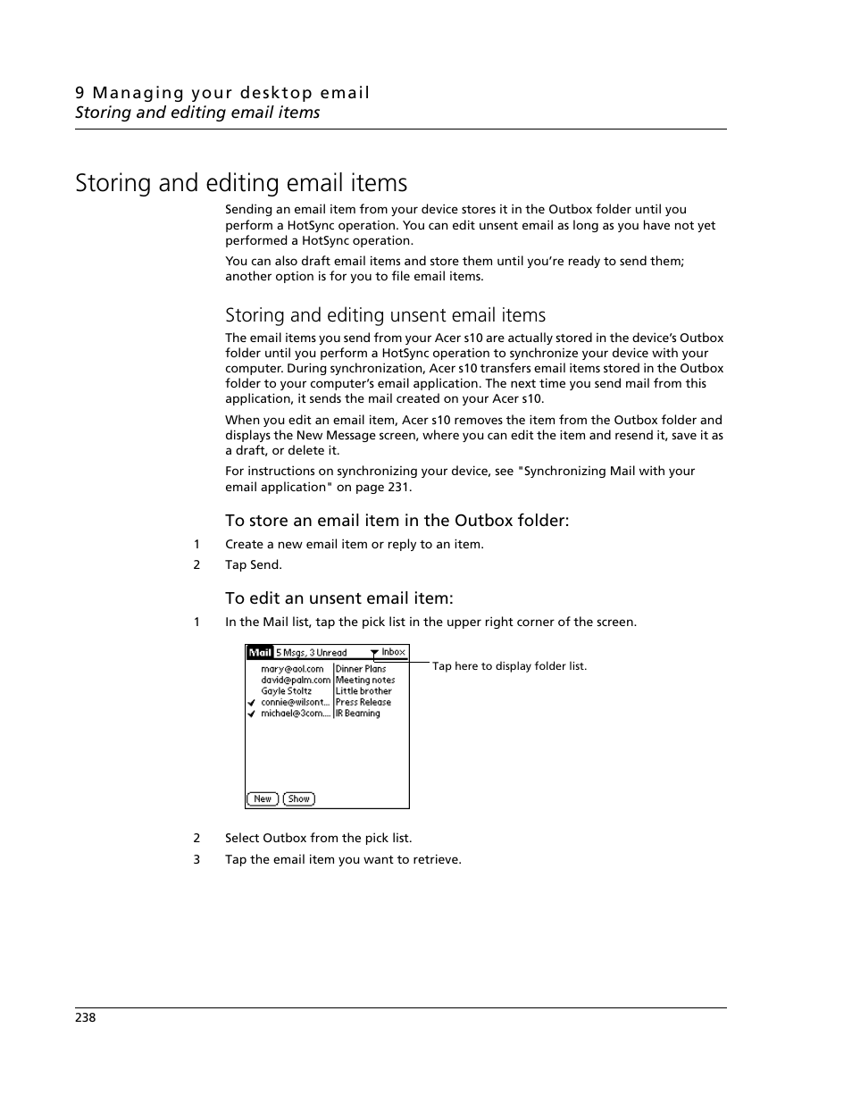 Storing and editing email items, Storing and editing unsent email items | Acer s10 User Manual | Page 256 / 338