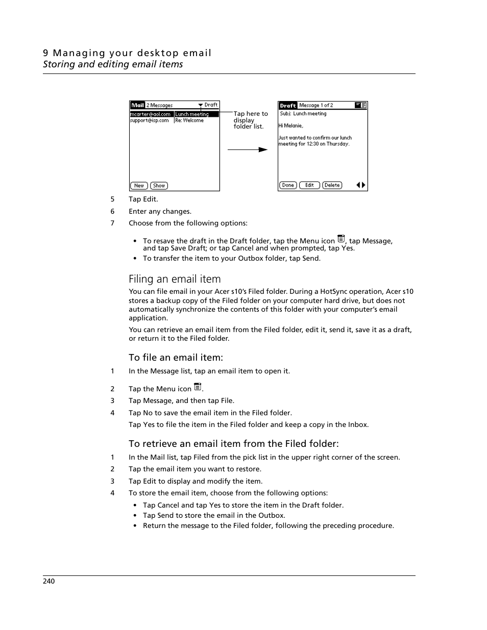 Filing an email item | Acer s10 User Manual | Page 258 / 338