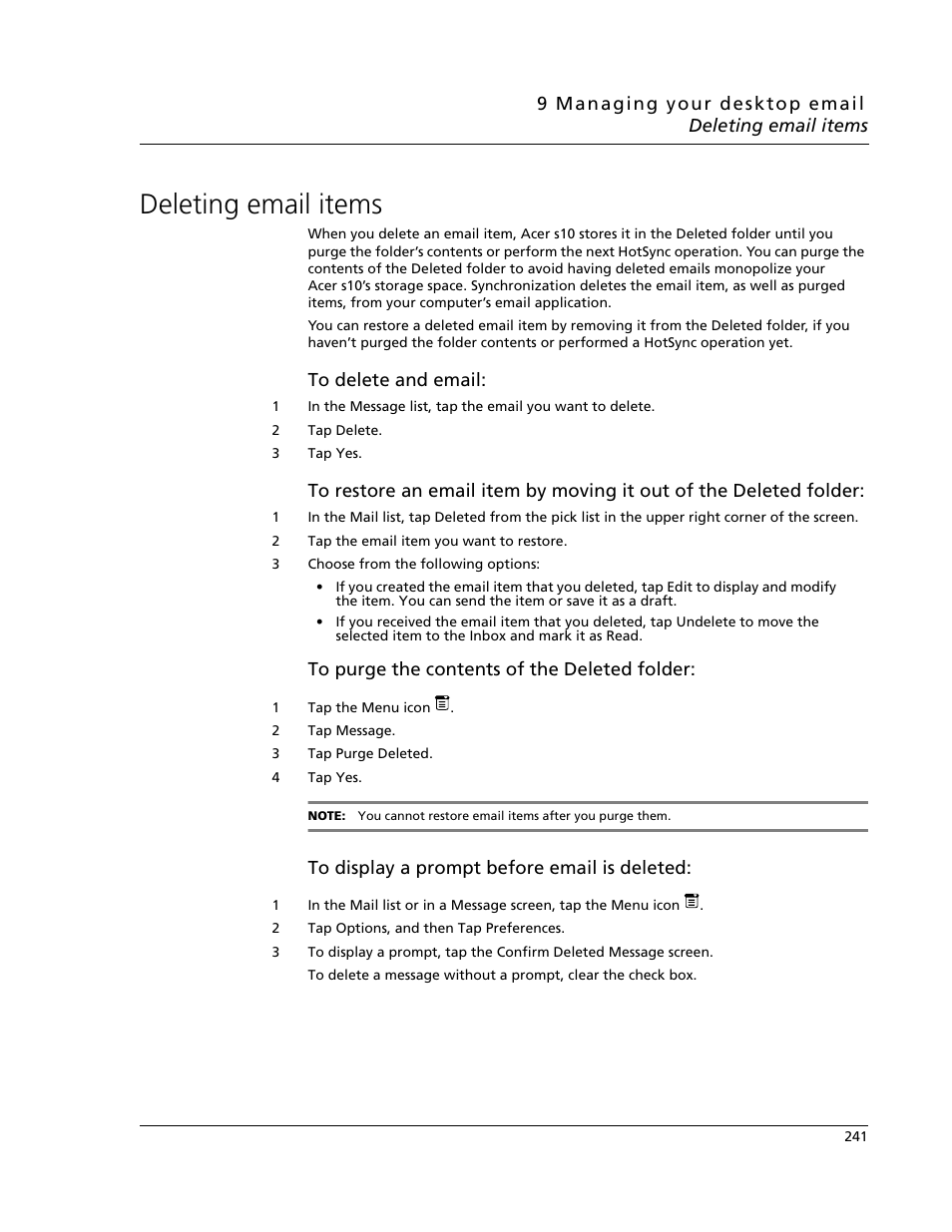 Deleting email items | Acer s10 User Manual | Page 259 / 338