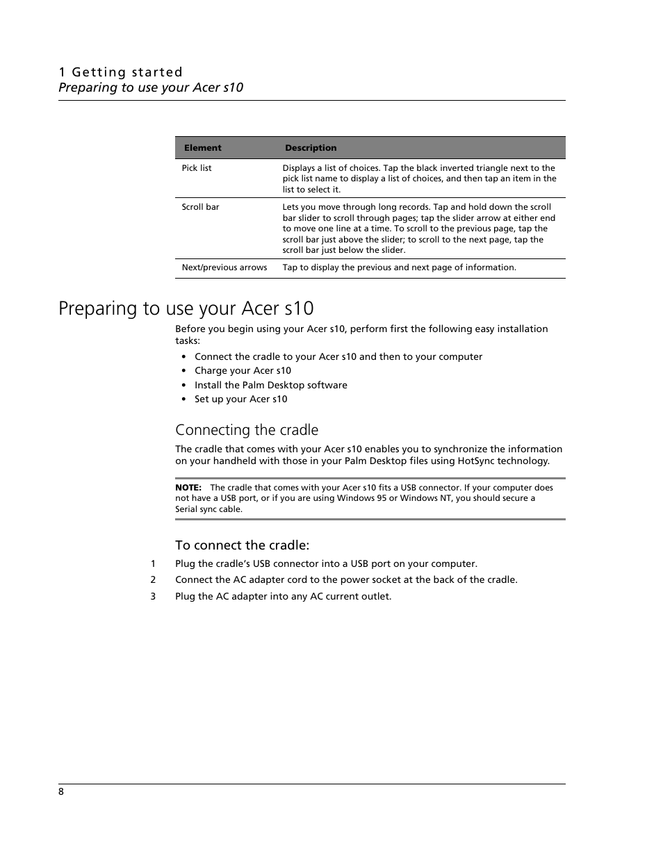 Preparing to use your acer s10, Connecting the cradle | Acer s10 User Manual | Page 26 / 338