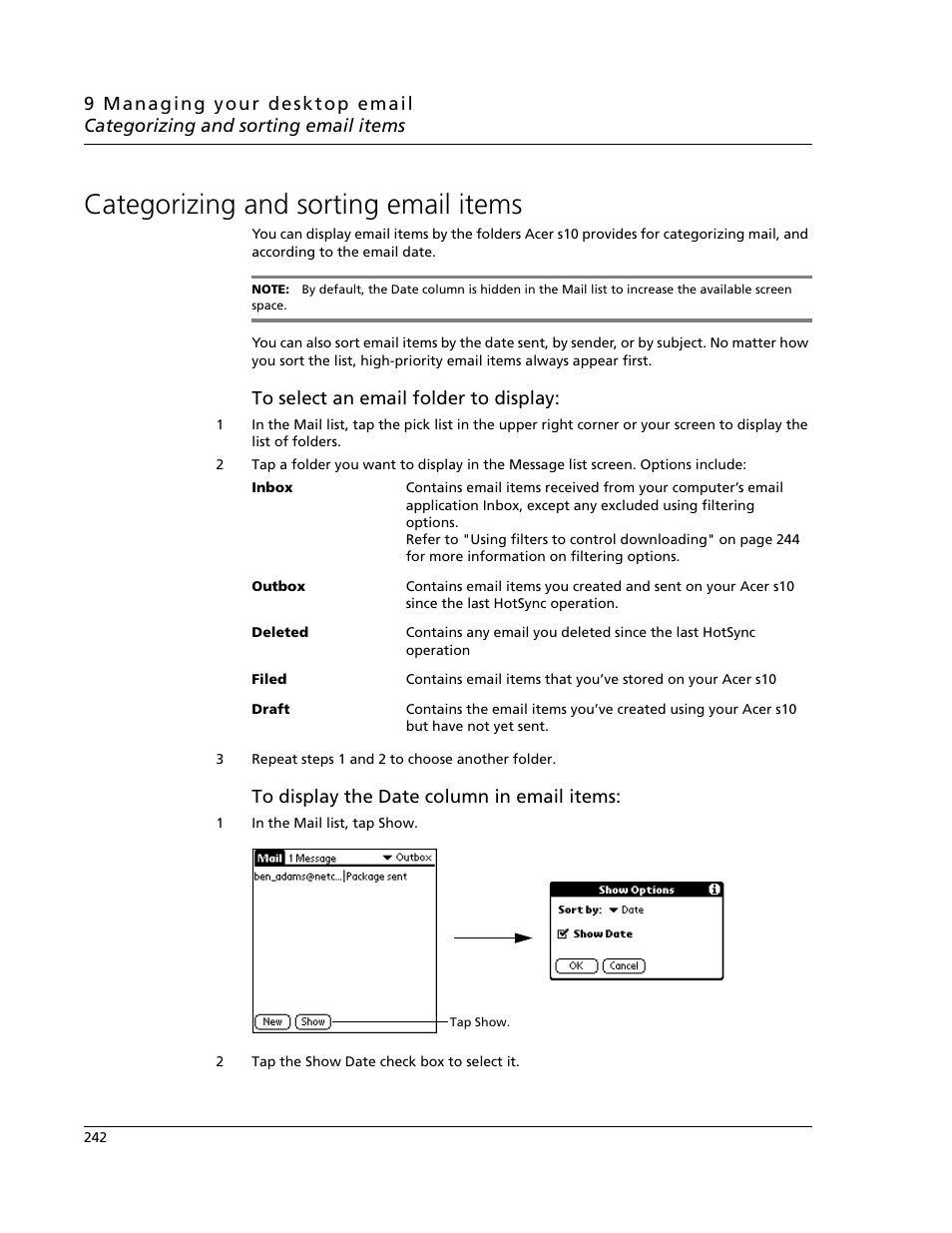 Categorizing and sorting email items | Acer s10 User Manual | Page 260 / 338
