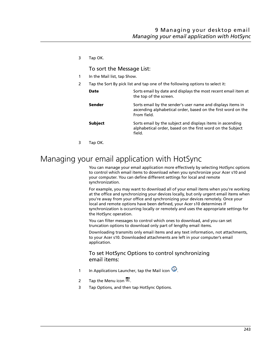 Managing your email application with hotsync | Acer s10 User Manual | Page 261 / 338