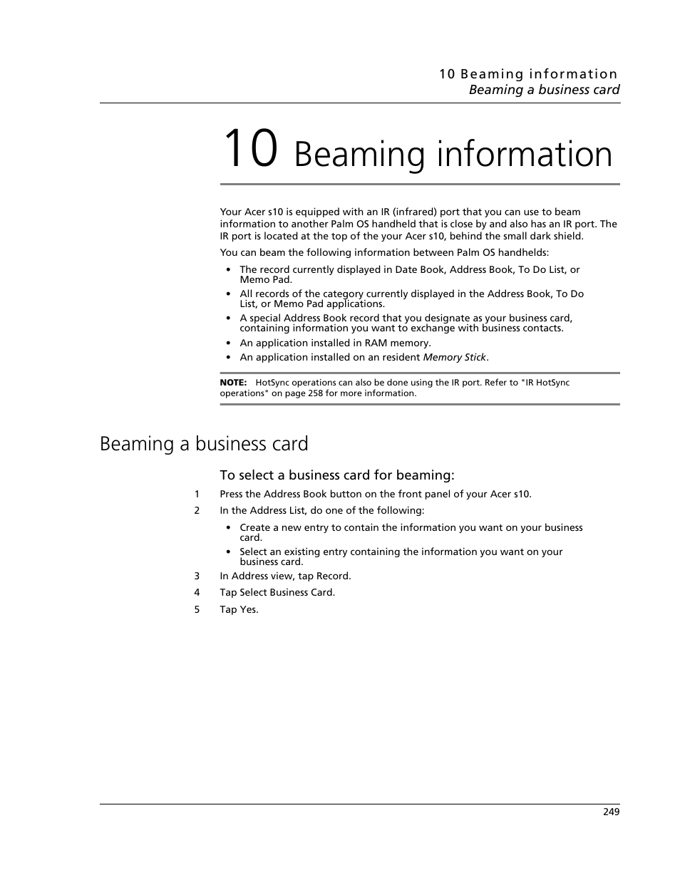 10 beaming information, Beaming a business card, Beaming information | Acer s10 User Manual | Page 267 / 338