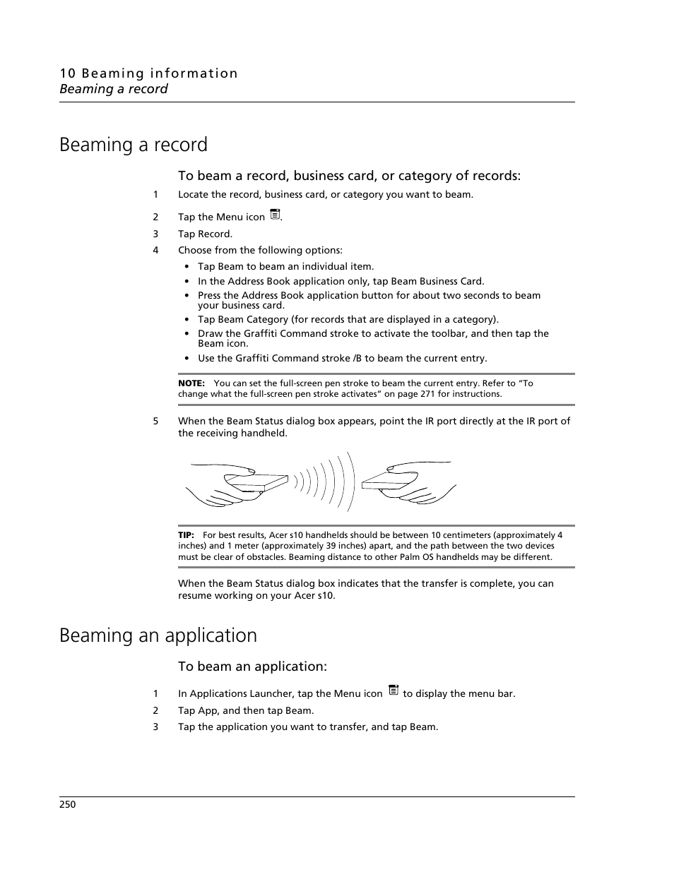 Beaming a record, Beaming an application, Beaming a record beaming an application | Acer s10 User Manual | Page 268 / 338