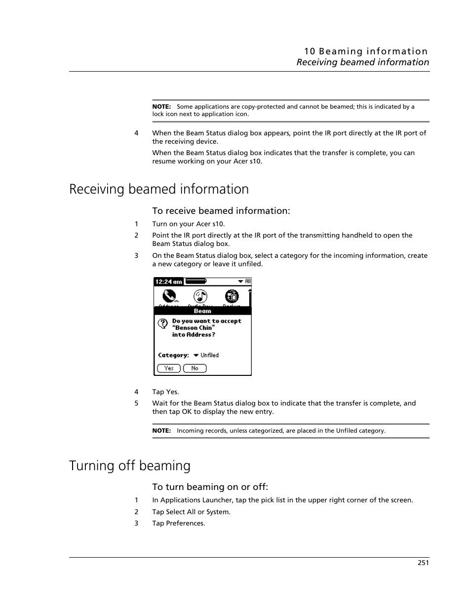 Receiving beamed information, Turning off beaming, Receiving beamed information turning off beaming | Acer s10 User Manual | Page 269 / 338