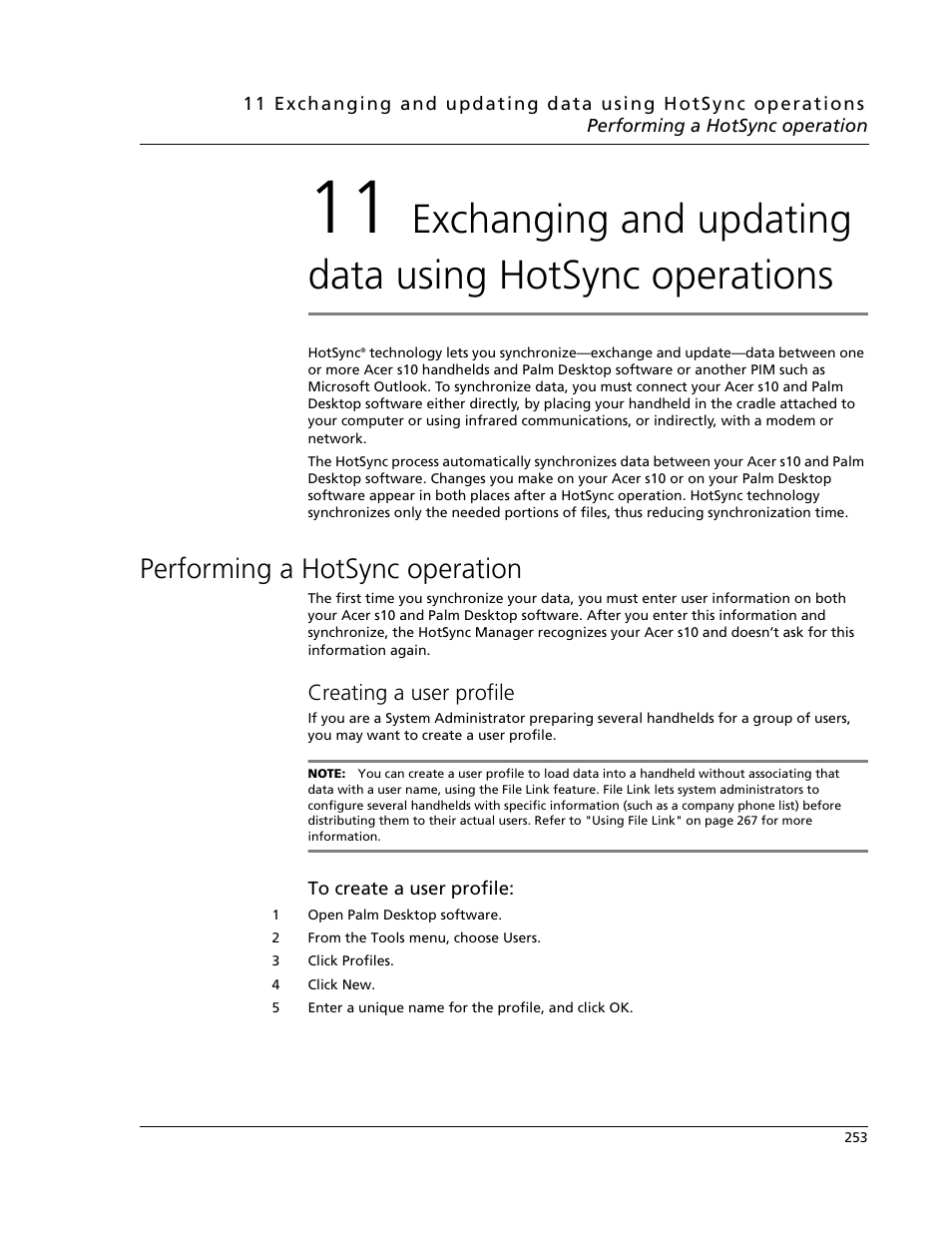 Performing a hotsync operation, Creating a user profile | Acer s10 User Manual | Page 271 / 338